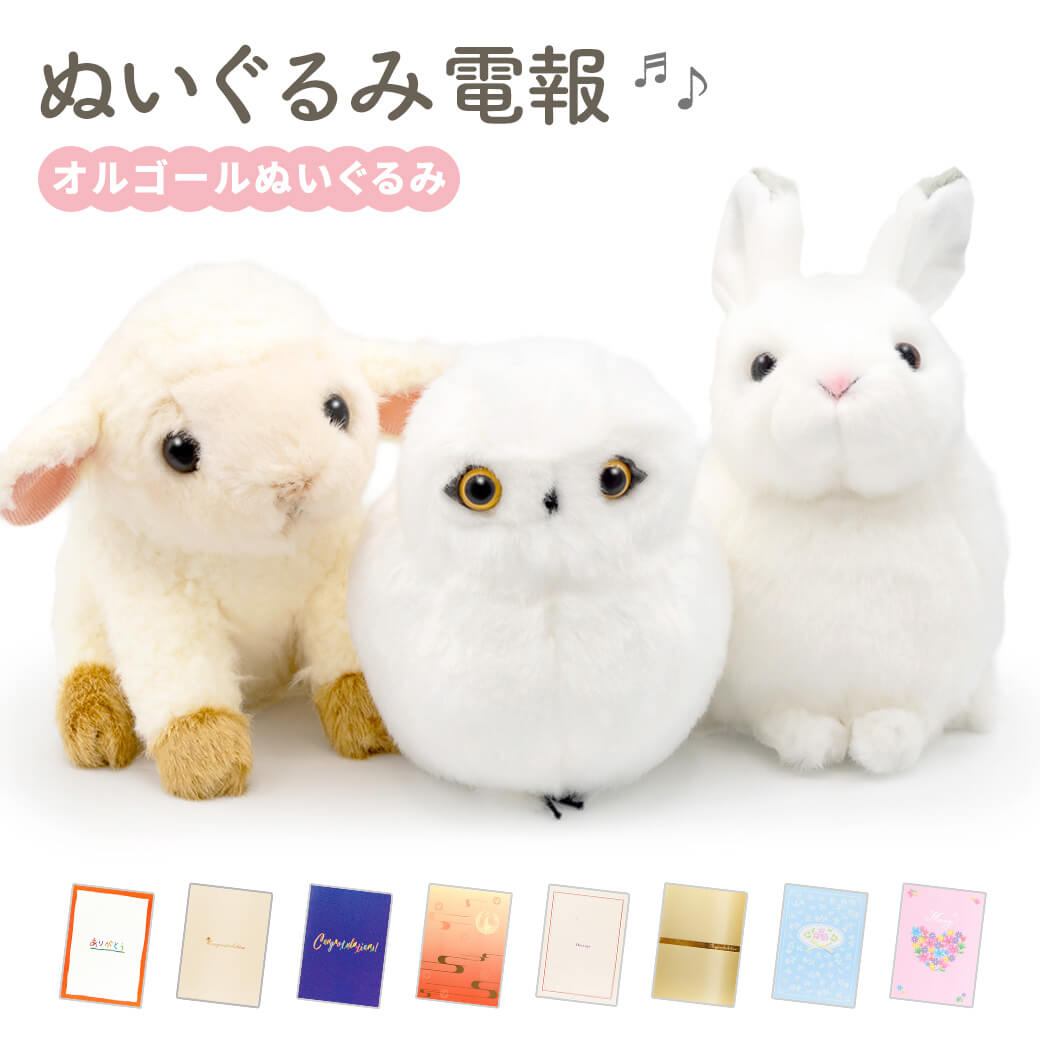 祝電 誕生日 ぬいぐるみ 「オルゴールぬいぐるみ」 紙素材カード電報セット 雪うさぎ シロフクロウ ヒツジ ジブリ お祝い ギフト 結婚式 母の日 2026 受章祝い