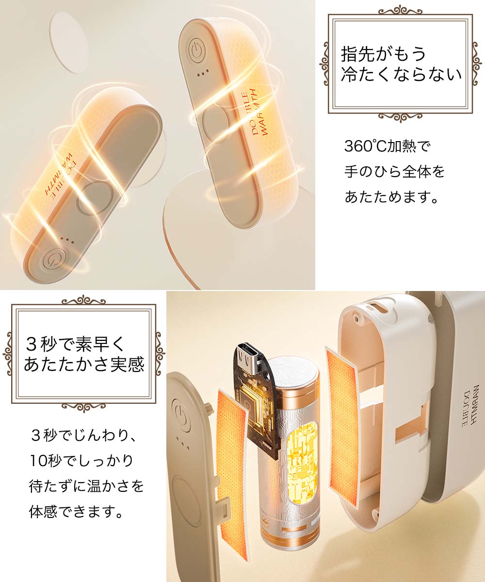 指先がもう冷たくならない 360℃加熱で手のひら全体をあたためます。 3秒で素早くあたたかさ実感