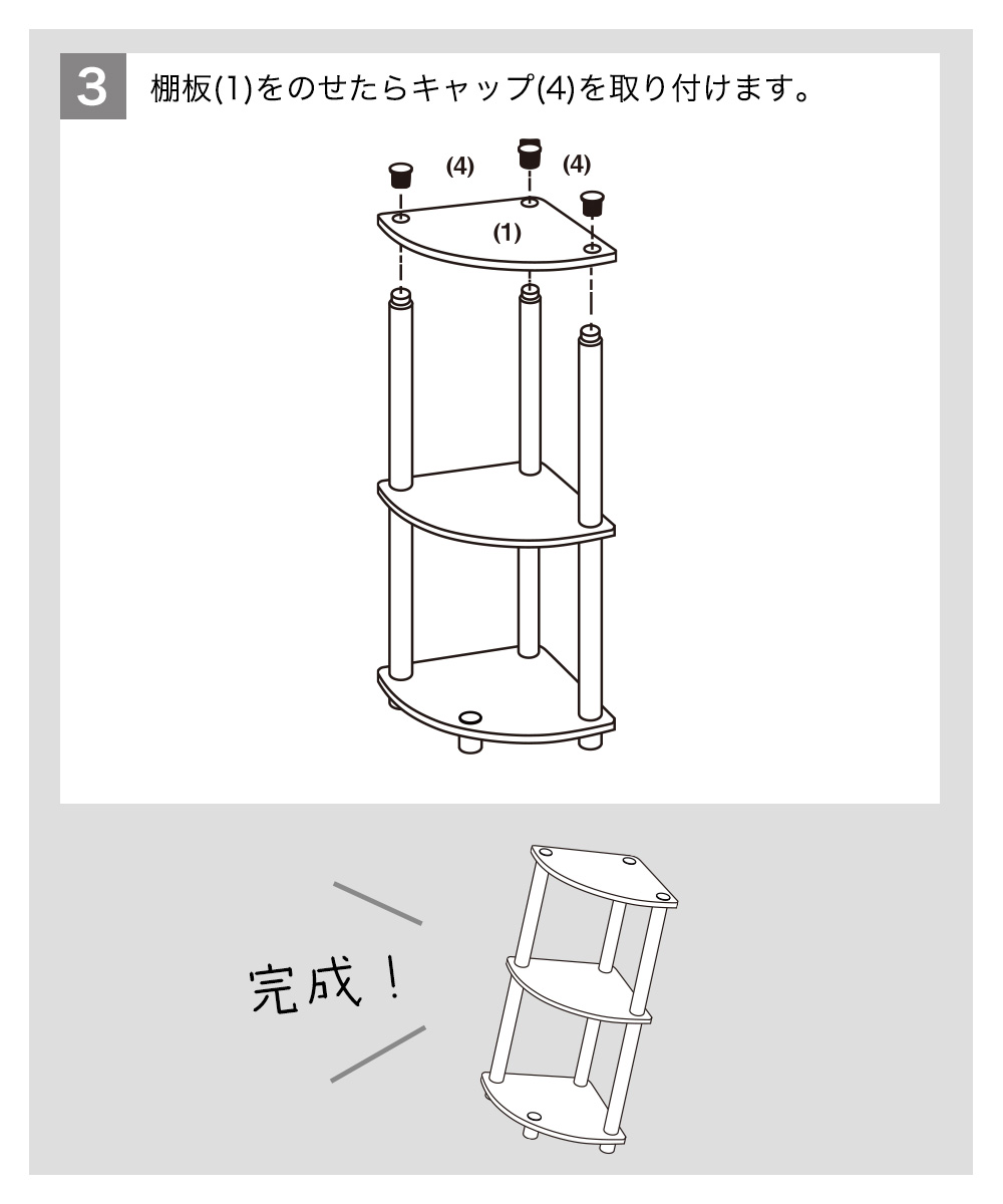 3棚板(1)をのせたらキャップ(4)を取り付けます。 完成