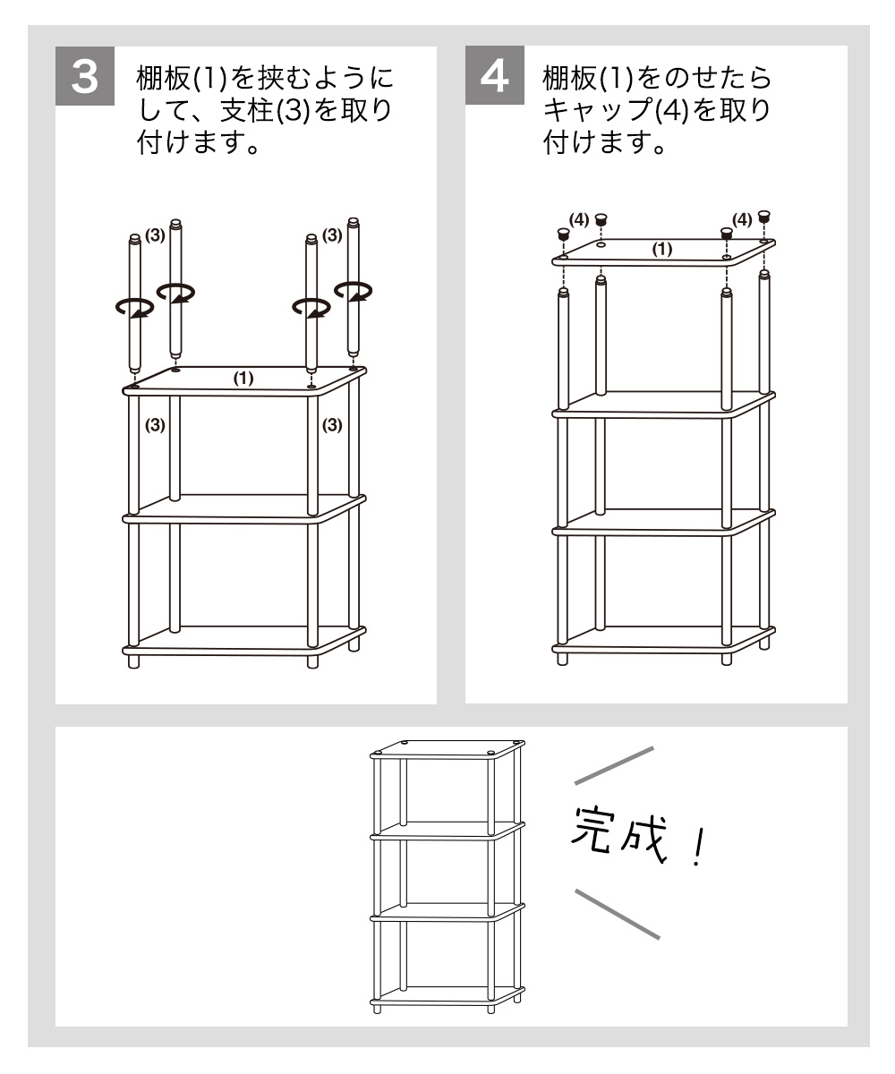 3.棚板(1)を挟むようにして、支柱(3)を取り付けます。4.棚板(1)をのせたらキャップ(4)を取り付けます。　完成