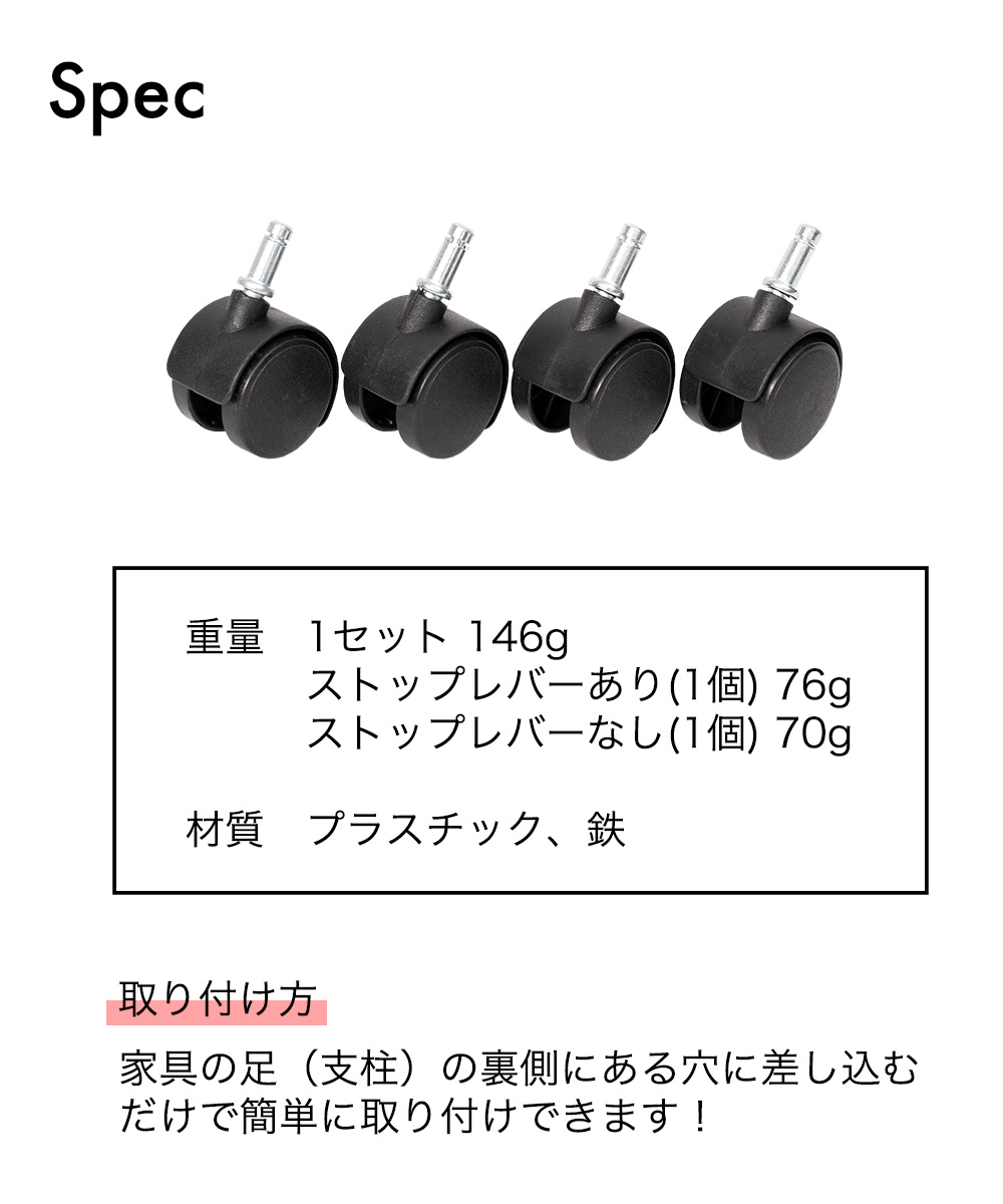 キャスター4個組（ストッパー付き2個） KINCOオープンラックシリーズに