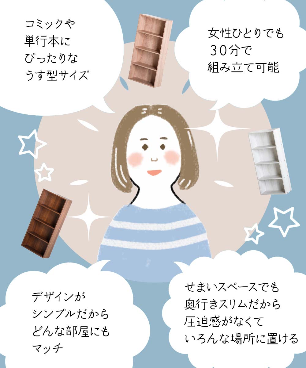 コミックや単行本にぴったりなうす型サイズ 女性ひとりでも30分で組み立て可能 デザインがシンプル