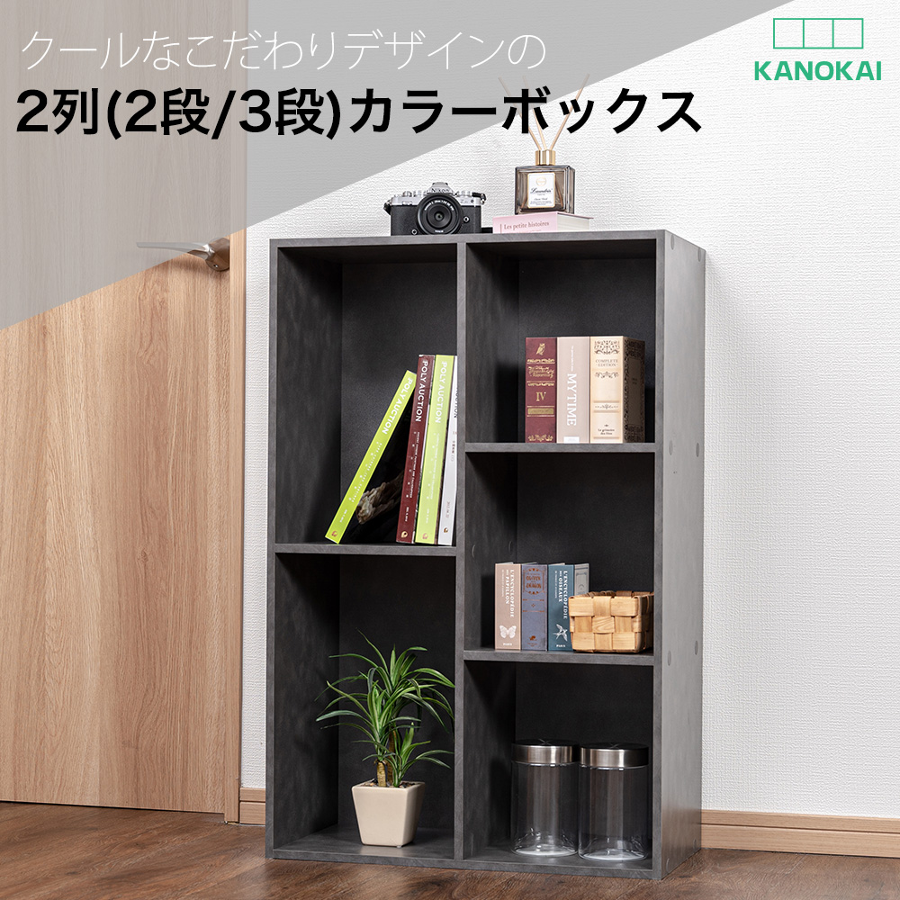 2列(2段/3段)カラーボックス 収納ボックス BOX 収納家具 組立カラボ 大容量タイプ 棚 OUTLET アウトレット モルタルグレー  ストーンブラック