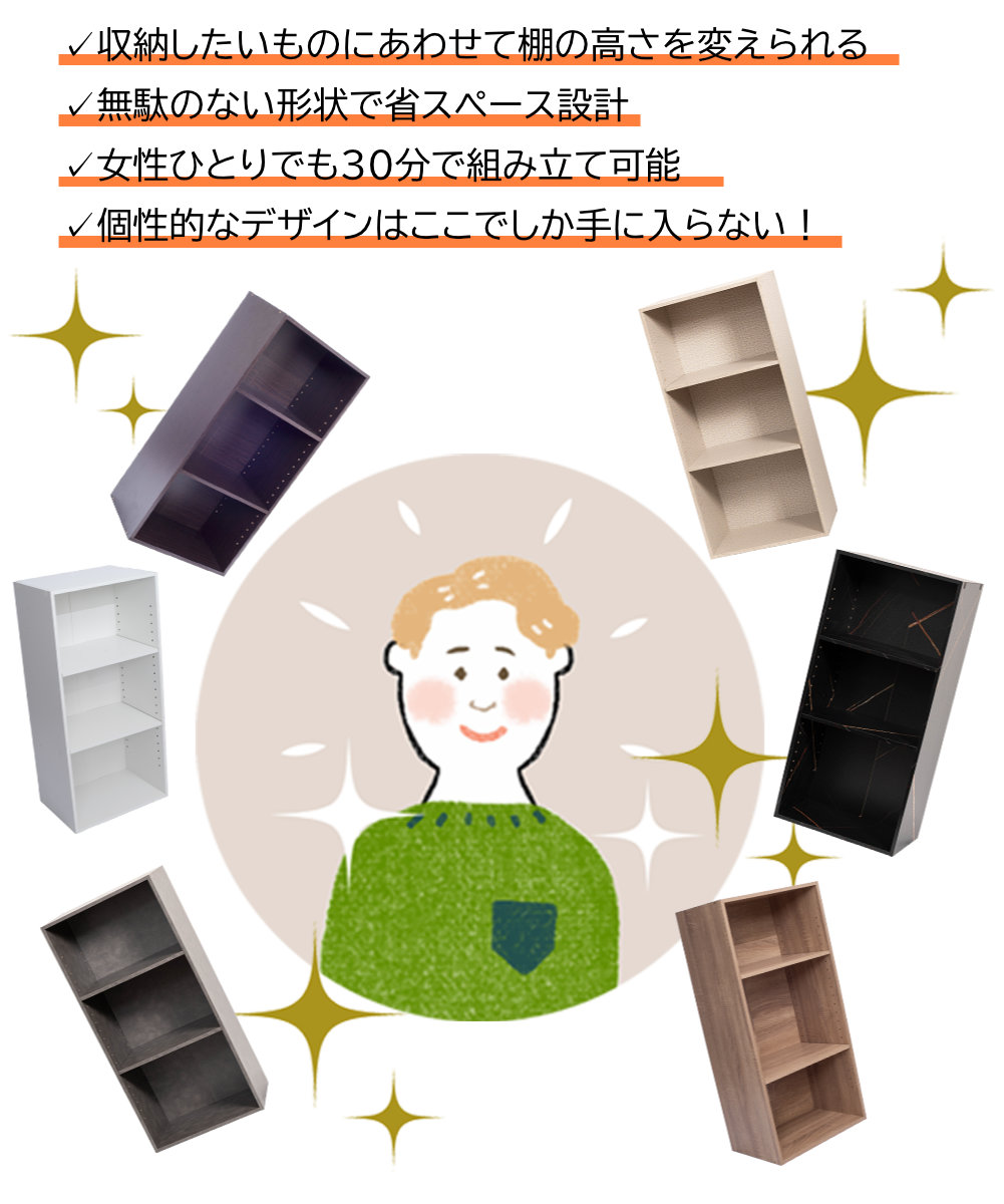 ?収納したいものにあわせて棚の高さを変えられる ?女性ひとりでも３０分で組み立て可能 