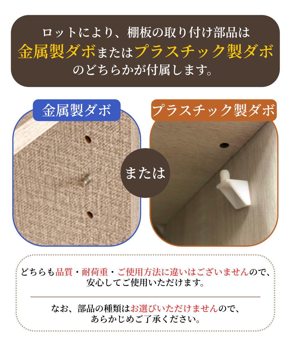 ロットにより、棚板の取り付け部品は金属製ダボまたはプラスチック製ダボのどちらかが付属します。
