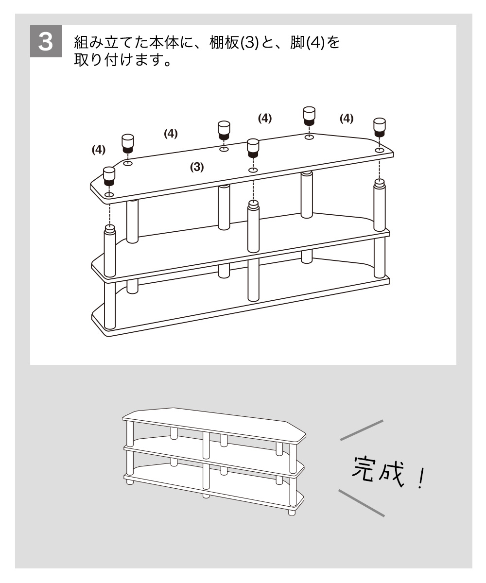 3 組み立てた本体に、棚板(3)と、脚(4)を 取り付けます。完成