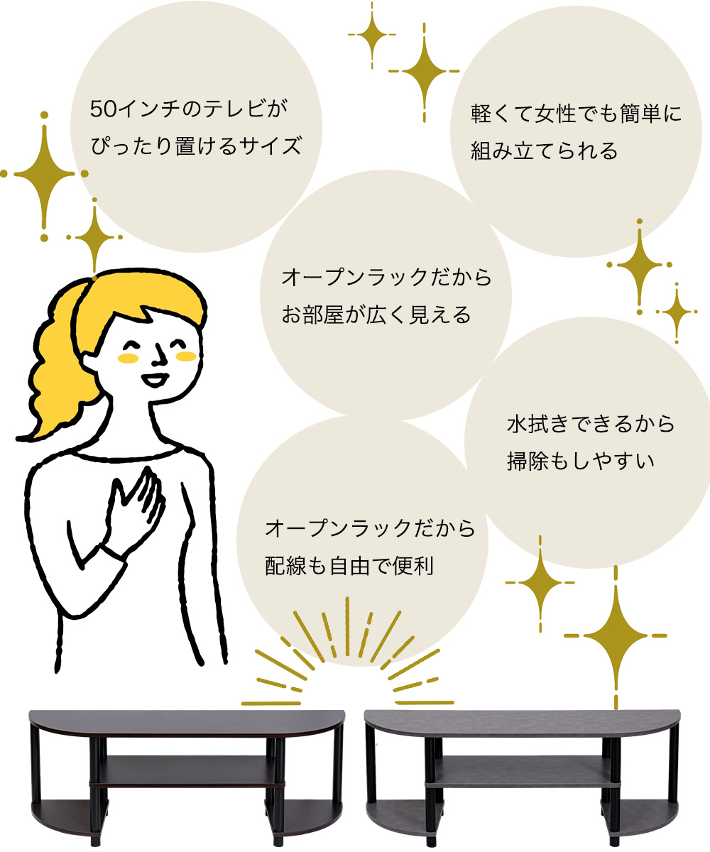 50インチのテレビが ぴったり置けるサイズ 軽くて女性でも簡単に 組み立てられる