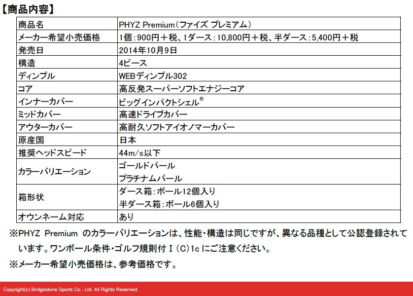 BRIDGESTONE GOLF ブリヂストンゴルフ日本正規品 PHYZ Premium