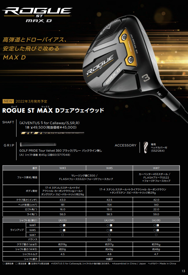 新作 2022年モデル キャロウェイ Callaway ゴルフ39,600円 5 マックス VENTUS メンズ シャフト ローグ 有賀園 ROGUE  MAX ST for フェアウェイウッド