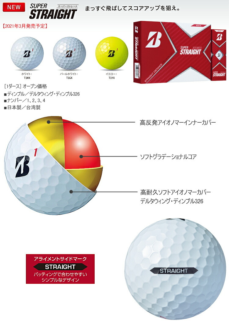 2021年モデル日本正規品 ブリヂストンゴルフ スーパーストレート ゴルフボール 1ダース(12個入り) 「BRIDGESTONE GOLF  SUPER STRAIGHT」あすつく対応 エザンスゴルフ(EZANSU GOLF) - 通販 - PayPayモール