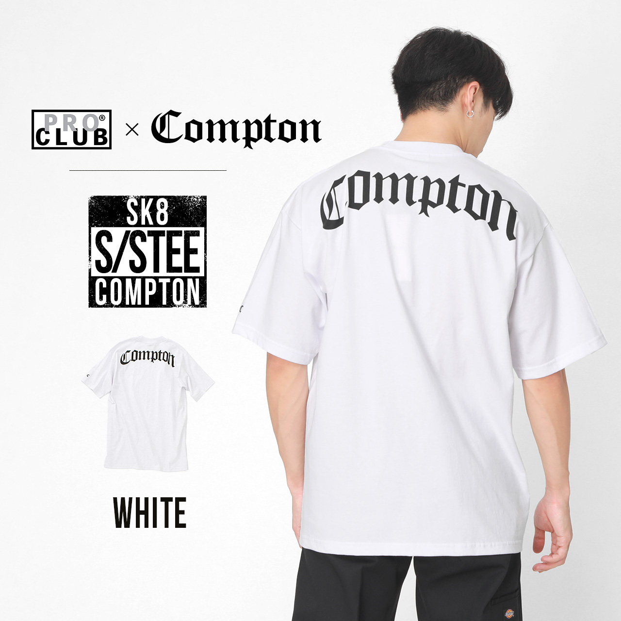 PRO CLUB プロクラブ COMPTON コンプトン 半袖Tシャツ バックプリント メンズ 大きいサイズ 厚手 ヘビーウェイト ロゴ 大きめ 西海岸 USAモデル【メール便可】 | PRO CLUB | 01