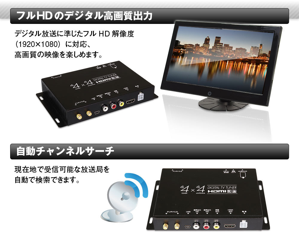 地デジチューナー フルセグチューナー TOSHIBA製プロセッサー 4x4 車載 HDMI 地デジ フルセグ ワンセグ フィルムアンテナ 自動切替