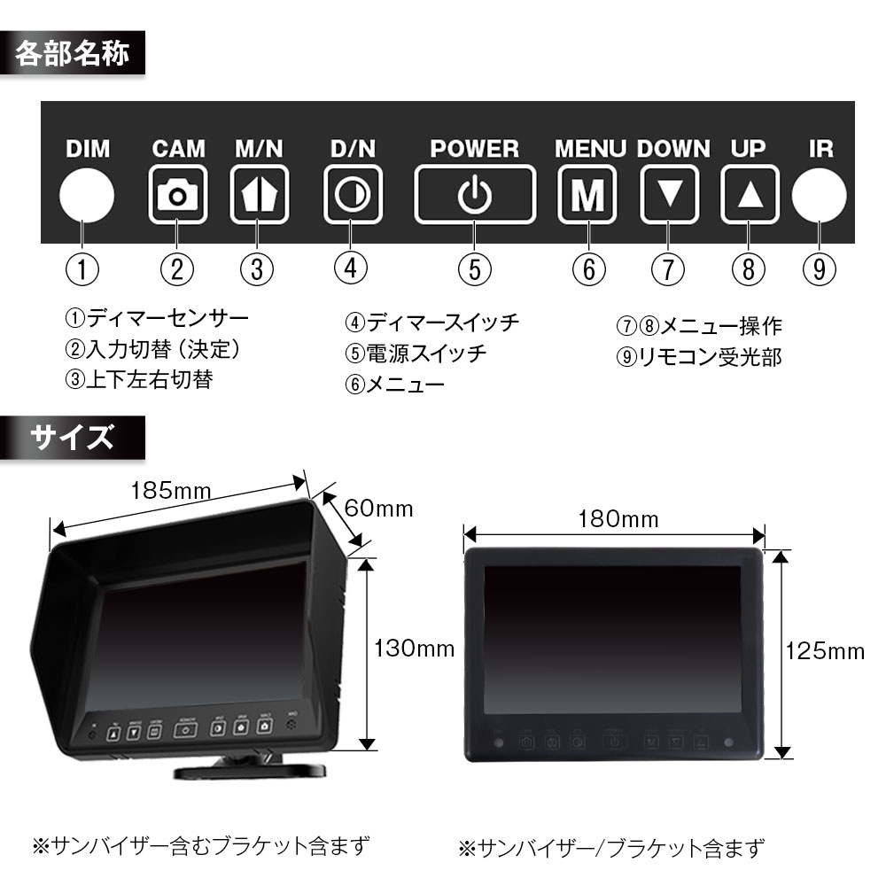 オンダッシュモニター トラック対応 7インチ 2系統 バック連動 防水 正