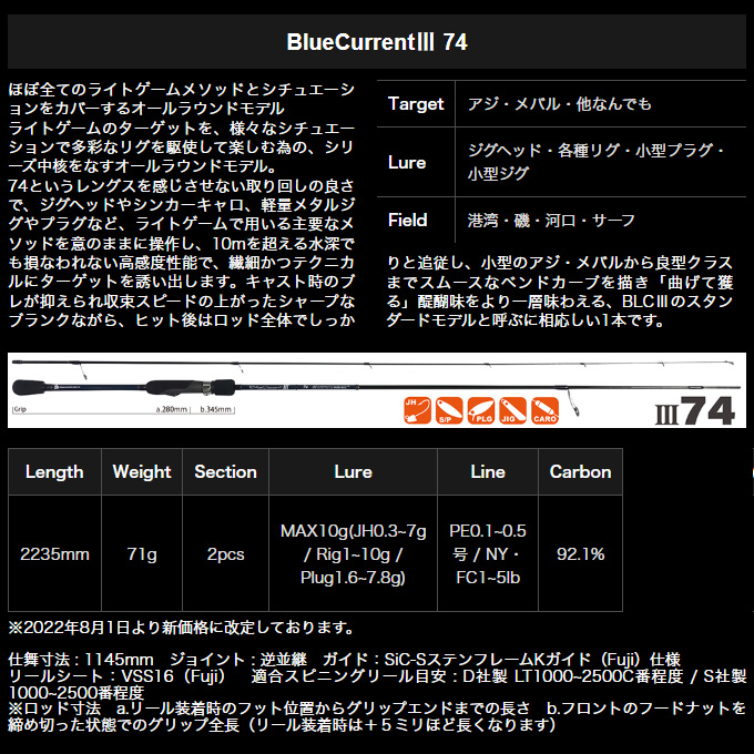 ヤマガブランクス ブルーカレント3 BlueCurrent III 74 (ライトゲーム