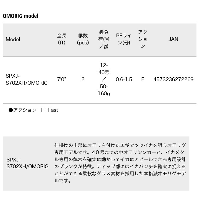 メジャークラフト ソルパラ SPXJ-S702XH/OMORIG (オモリグロッド