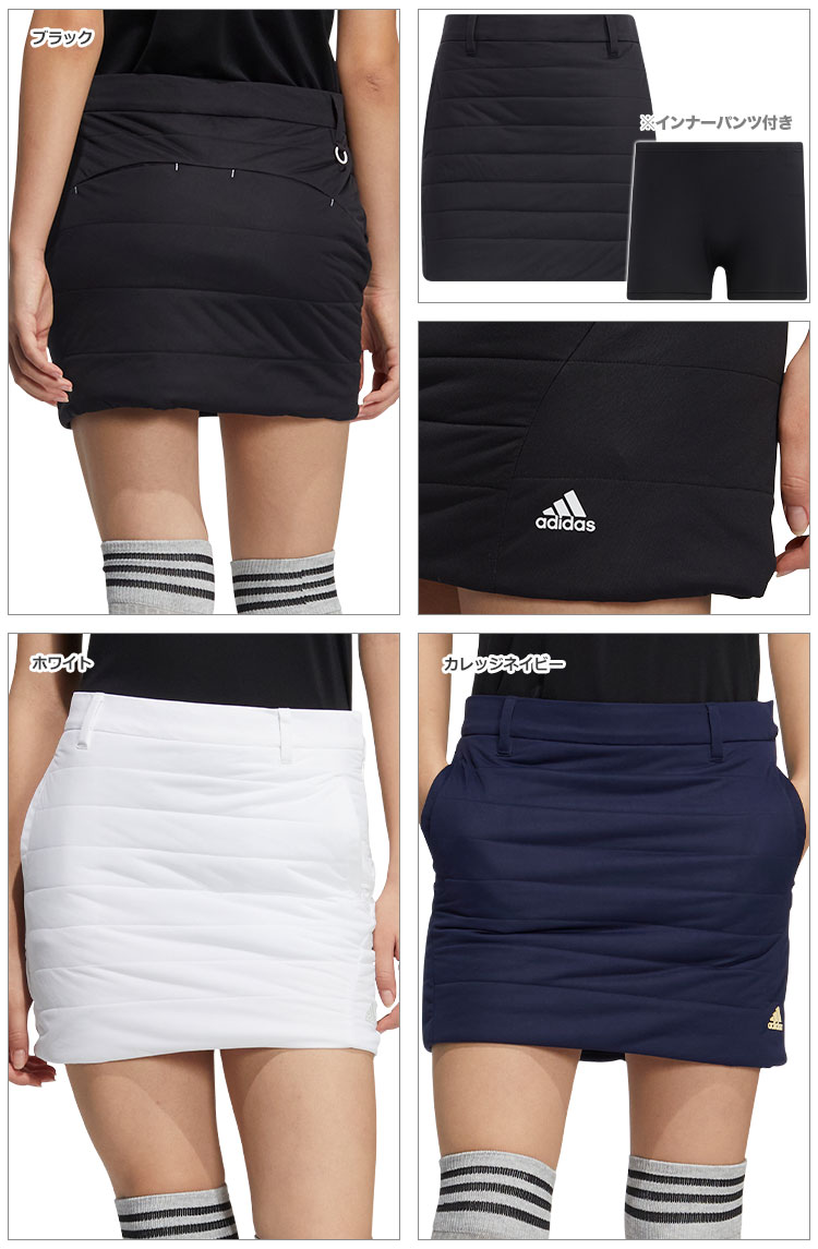 新品タグ付⛳️アディダスゴルフ　中綿ベスト＆裏起毛スカートセット　M adidas（アディダス） ダウンベスト 白×グレー 総柄 胸ロゴ ネック裏