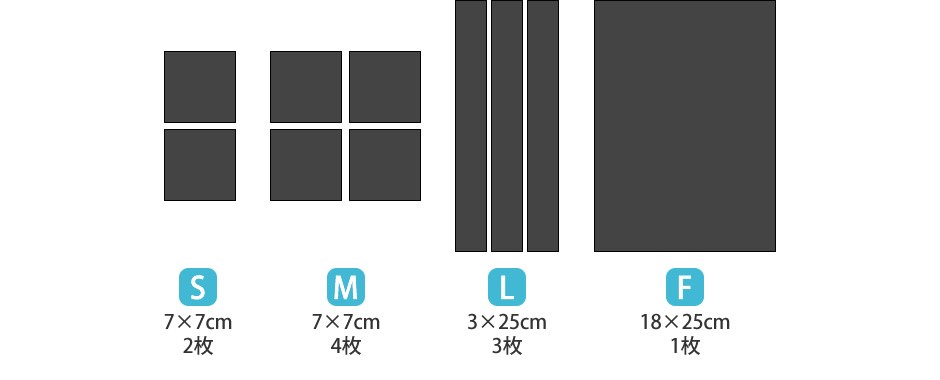 家具用 S（7×7cm 2枚入）、家具用 M（7×7cm 4枚入）、キッチンボード用 L （3×25cm 3枚入）、フリーカットタイプ F（18×25cm 1枚入）