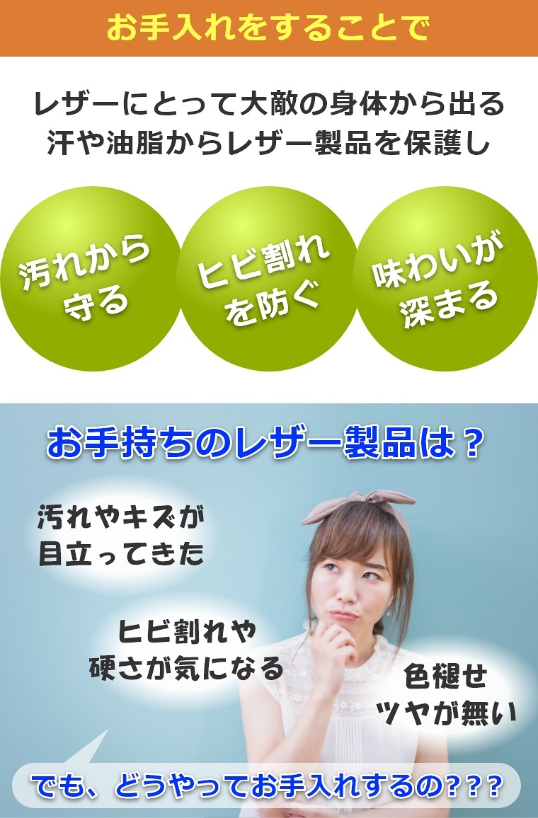 レザーにとって大敵の身体から出る汗や油脂からレザー製品を保護し「汚れから守る」「ヒビ割れを防ぐ」「味わいが深まる」