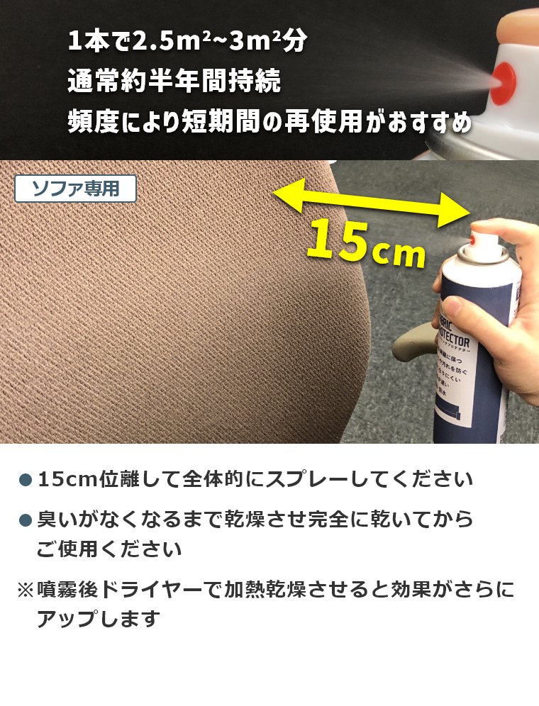 1本で3人掛けソファー3回分 通常約半年間持続 頻度により短期間の再使用がおすすめ