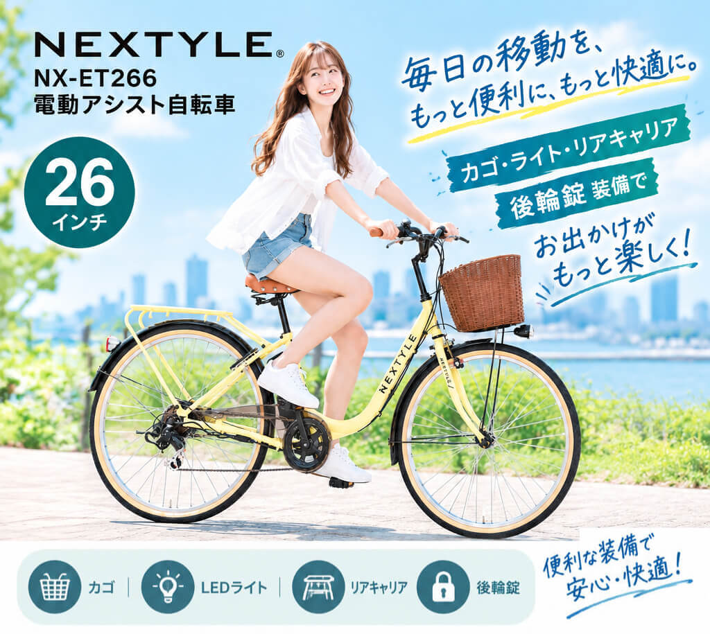 NEXTYLE 電動アシスト自転車 26インチ 完成品 3アシスト＆6段変速 砲弾