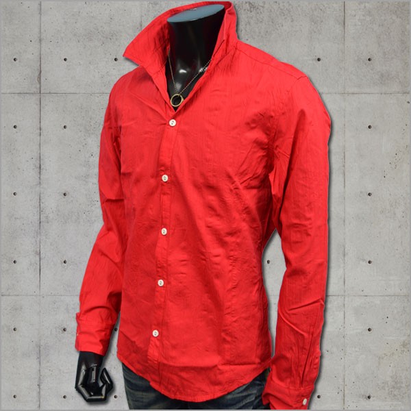 イタリアンカラーシャツ クリンクル・シワ加工シャツ メンズ セミオープンモデル 赤 レッド ブランド おしゃれ :EV411-11R:FTS  メンズファッション ちょいワル おしゃれ - 通販 - Yahoo!ショッピング