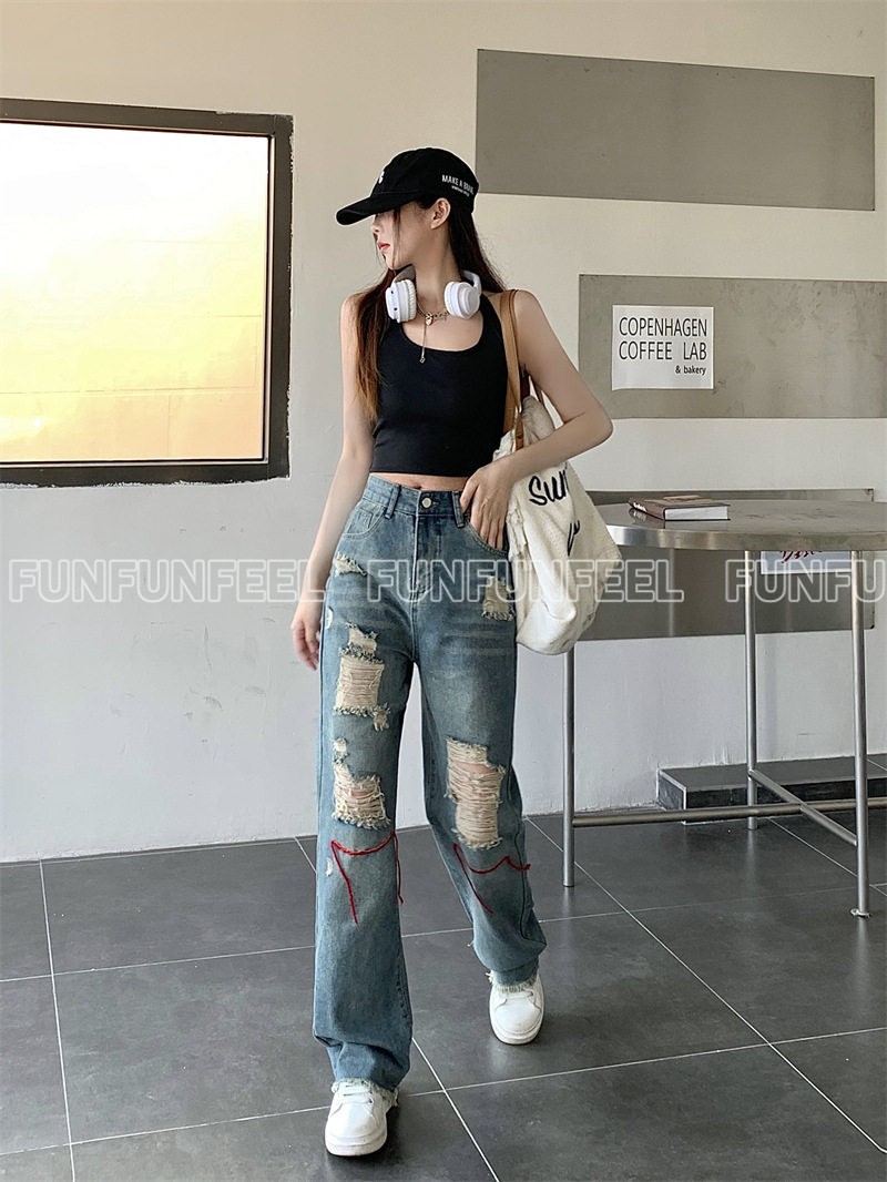 ワイドパンツ デニム ジーパン Gパン ダメージ加工 韓国 M~XL ワイドパンツデニム ダメージ加工 レディース ゆったり ボトムス
