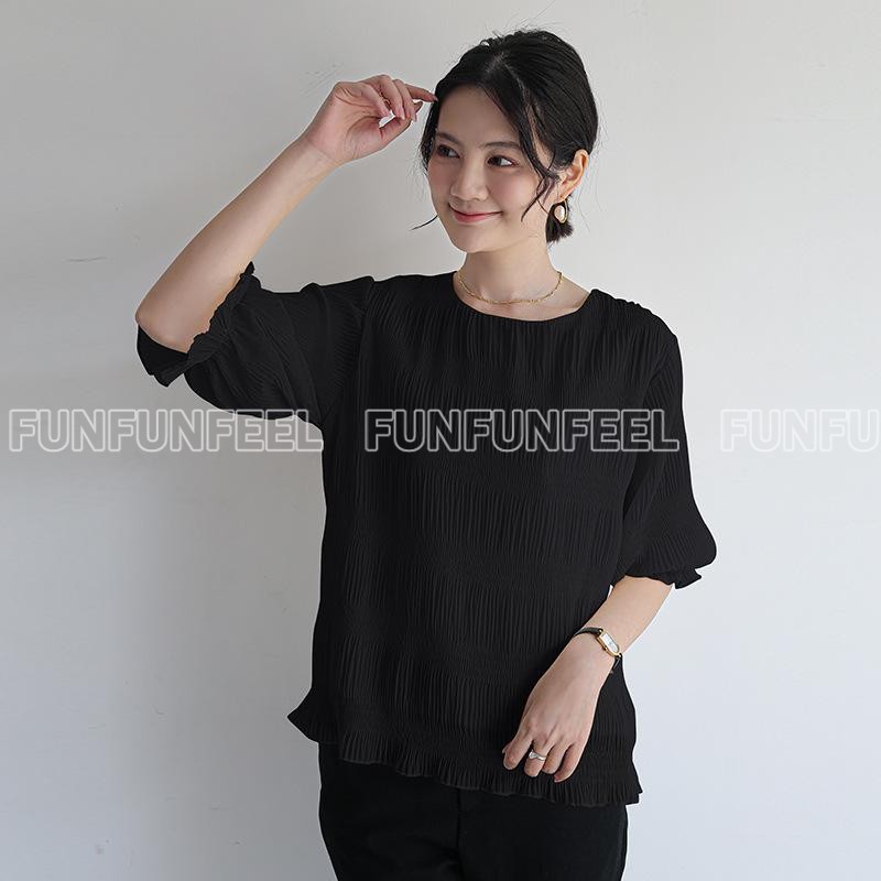 Ｔシャツ　Uネック　ブラウス 春 シフォン シャーリング ギャザー レディース シアー レース トップス シアートップス レ 薄手　母の日ギフト |  | 01