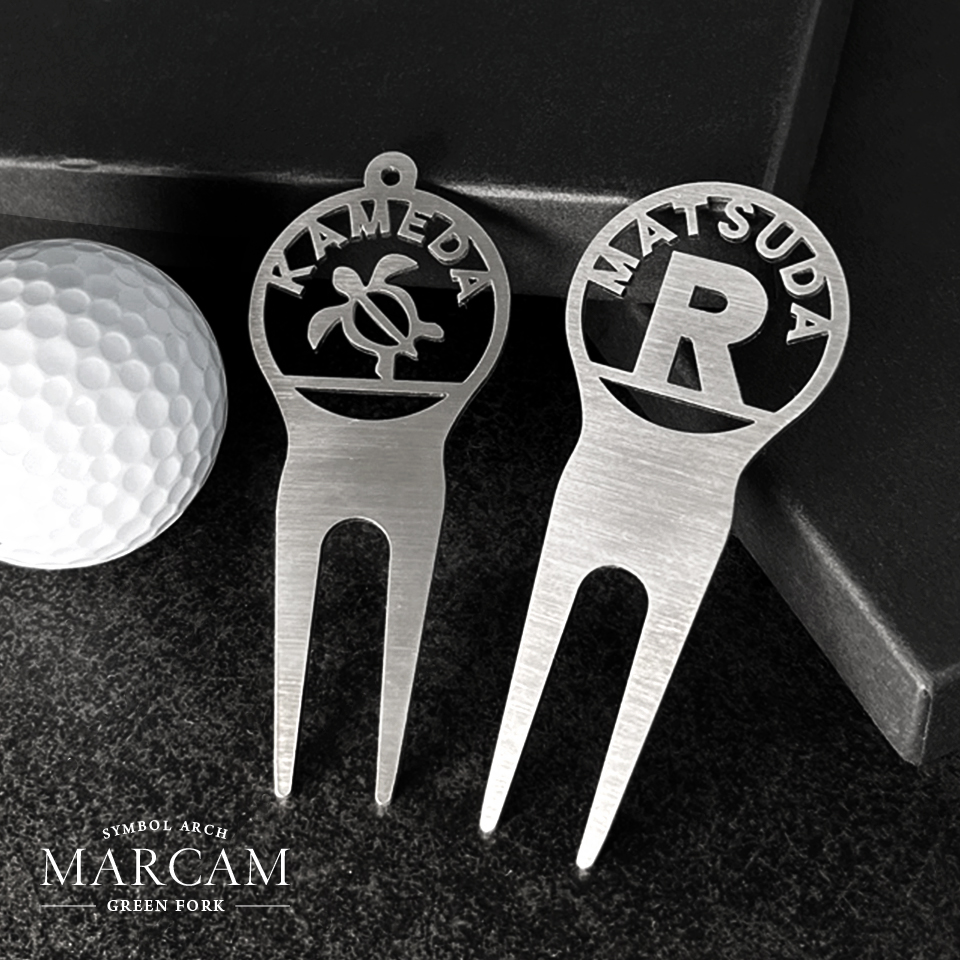 ゴルフ グリーンフォーク 名入れ 高級 プレゼント ステンレス 2本刃 コンペ 景品 「MARCAM GREENFORK SYMBOL ARCH」 (greenfork04) | MARCAM