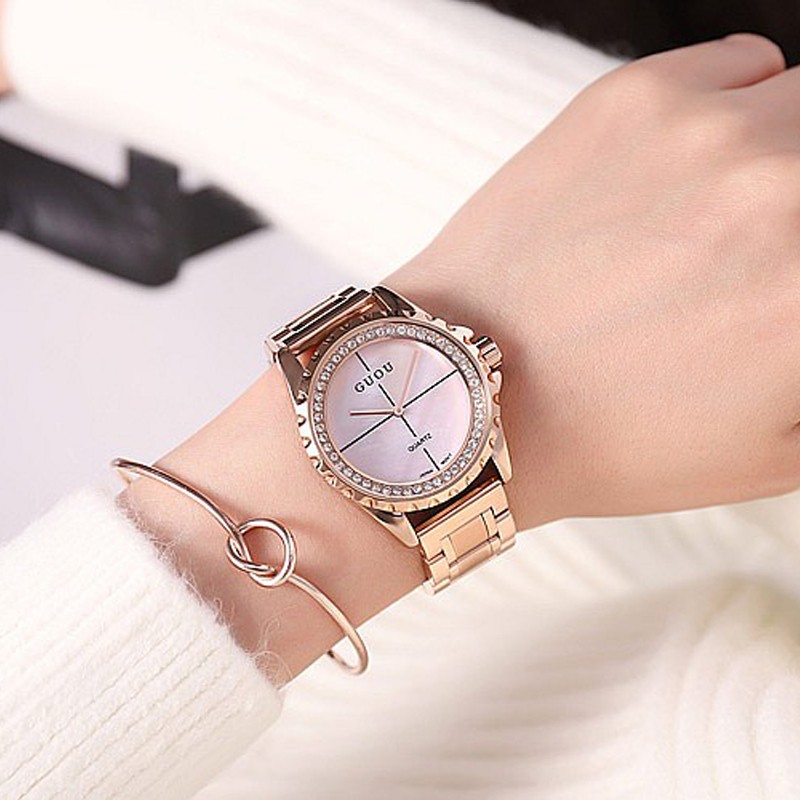 GUOU レディース 腕時計 ブランド ステンレス ホワイト レッド