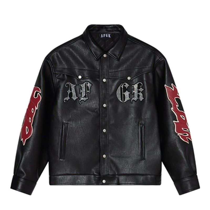 ＼在庫限り！AFGKプレゼント企画／a few good kids AFGK afewgoodkids おしゃれ ラッパー ラメ 炎 ワッペン レザー  ジャケット JACKET スタジャン ブラック バイ