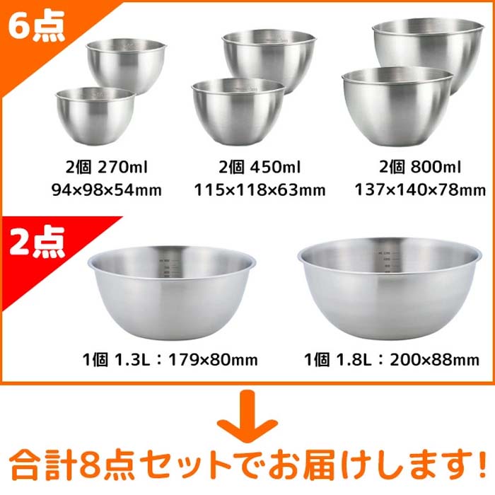 ステンレスボウル 8点セット ボウル ステンレス 大 中 小 注ぎ口付き