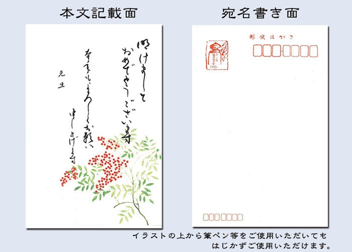 年賀 はがき 和紙 年賀状 葉書 和風ハガキ ポストカード 絵葉書 冬 イラスト 無料 御礼状【花の寿ぎ FPS-803A 南天(なんてん) ３枚入り  定型文付き】 福井朝日堂