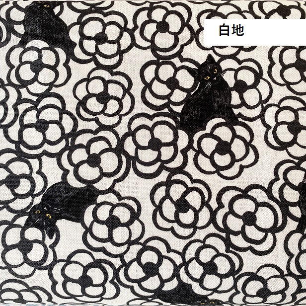 オックス 生地 黒猫とカメリア 椿 猫 ねこ柄 大人っぽい おしゃれ 花柄 かわいい 綿100％ 布 手芸 国産 ツートンカラー リアル シンプル cat｜fairy-lace｜02