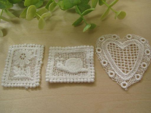 レースワッペン3種セット（お花、かたつむり、ハート） : 手芸の