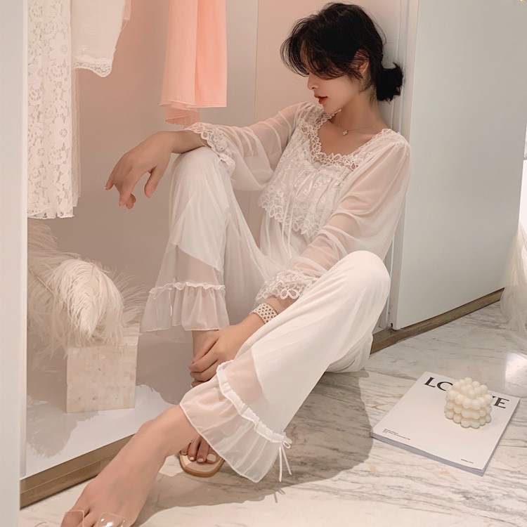パジャマ ルームウェア レディース 春夏 長袖パジャマ 可愛い 白レース ロングパンツ 薄手 レション ルームウェア上下セット 女性 部屋着 寝巻き  大人 オシャレ
