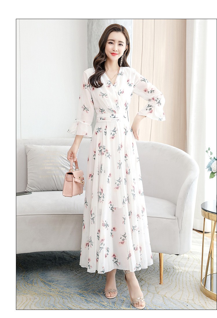 ワンピース レディース 40代 キレイめ マキシワンピース 春夏 七分袖ワンピース シフォン 花柄フレアスカートひざ下 オシャレ大きいサイズ  ボヘミア風 50代