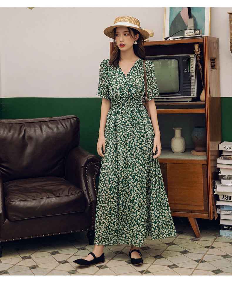 ワンピース レディース 40代 キレイめ マキシワンピース 春夏半袖ワンピース 花柄シフォン Vネック ロングフレアスカートひざ下 オシャレ ボヘミア風 30代 ブランド品