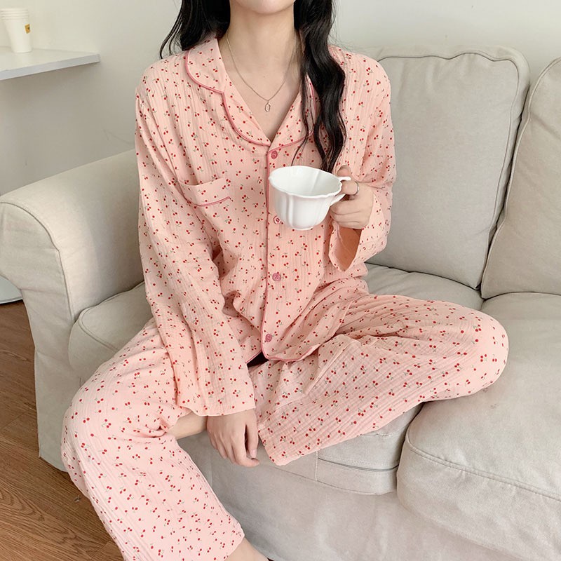 パジャマ　ルームウェア　部屋着　かわいい　ピンク　さくらんぼ　ワンピース　韓国