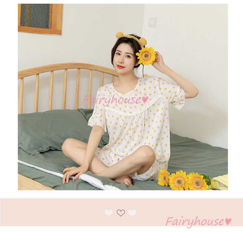 韓国風、レディース、ファッション、5分袖，おしゃれ花柄パジャマセットアップ