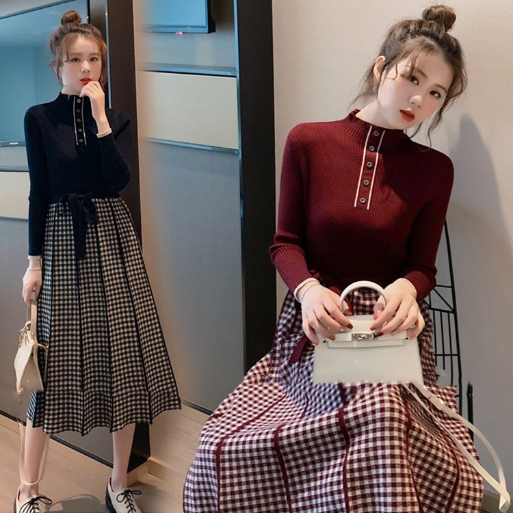 ニットワンピースレディースきれいめワンピース秋冬40代aラインロング丈ワンピース韓国風長袖チェックオシャレ着痩せ通勤2色 最安値挑戦