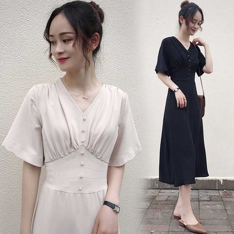 ワンピース レディース 夏 半袖 40代 30代 着痩せ きれいめ 韓国風 オシャレ ゆったり 通勤ワンピース Vネック カジュアル 無地 ロング丈 ワンピース 2色 開店祝い