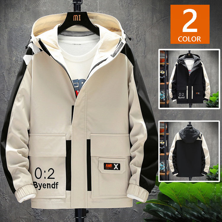 ウィンドブレーカー メンズ ジャケット マウンテンパーカー ジップアップ 配色 アウター フード付き 春秋 春服 スポーツ 通学 通勤 カッコイイ  ライトアウター