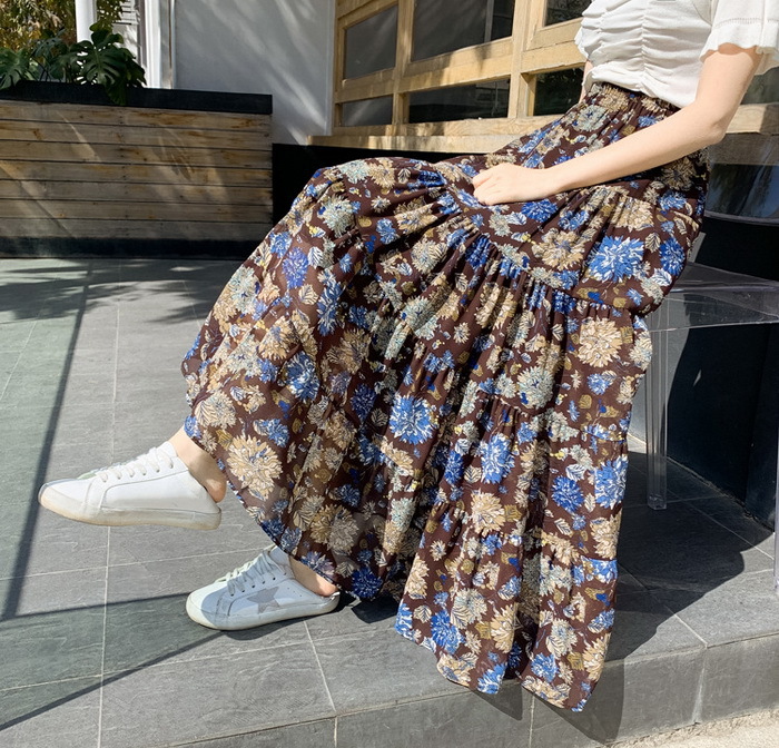 スカート レディース 春夏秋 マキシスカート 花柄シフォンフレアスカート ロングスカート Aライン 体型カバー ボトムス おしゃれ大人 通勤 お出かけ オシャレ