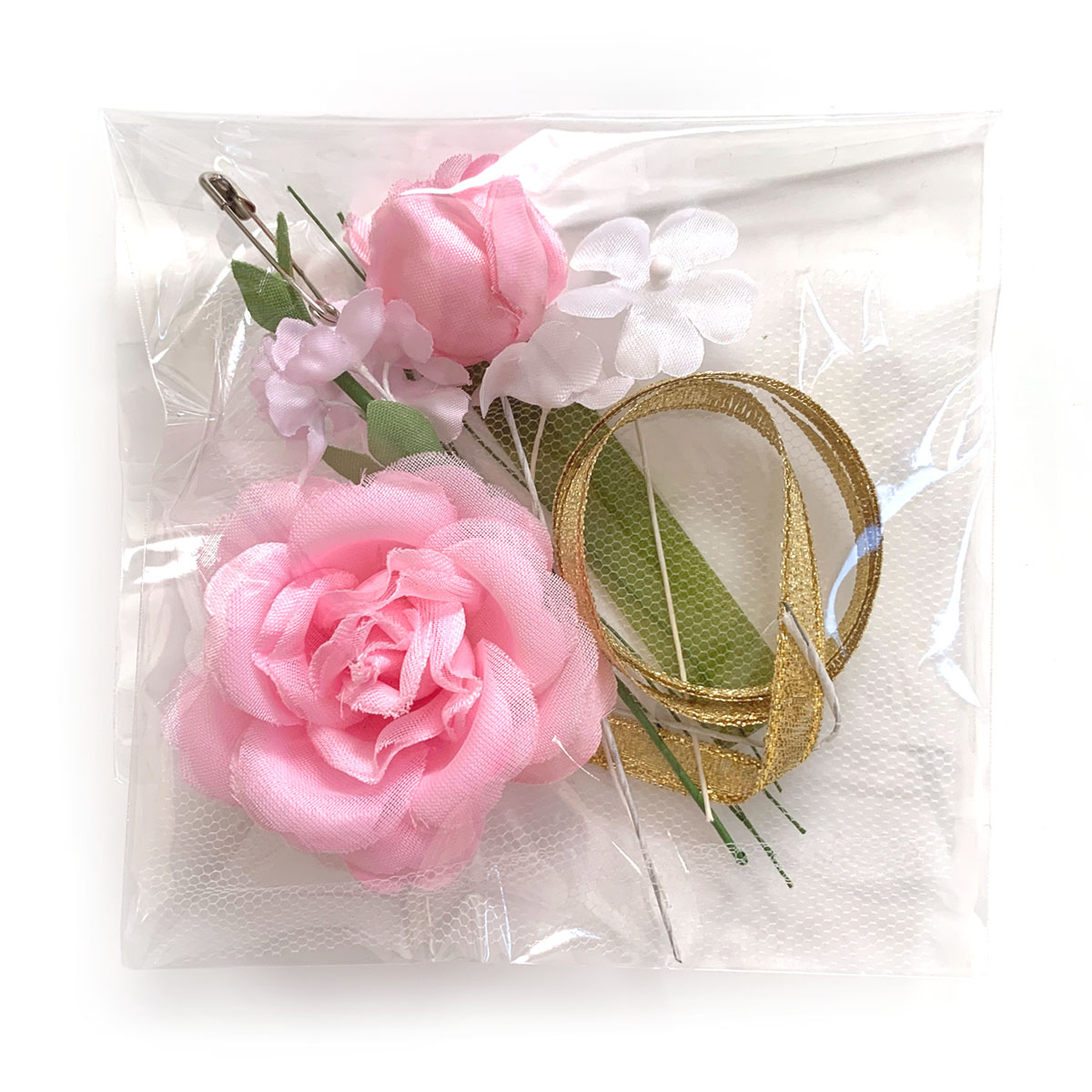 花飾り　胸花　造花　２分の1成人式　卒業式　卒園式　入学式　金リボンとバラのコサージュキット
