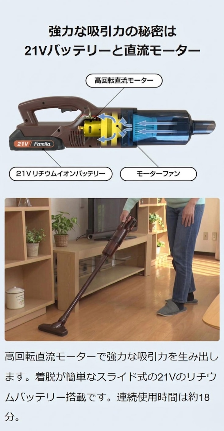ファミラ 充電式 コードレス ハイパワークリーナー 予備バッテリー付