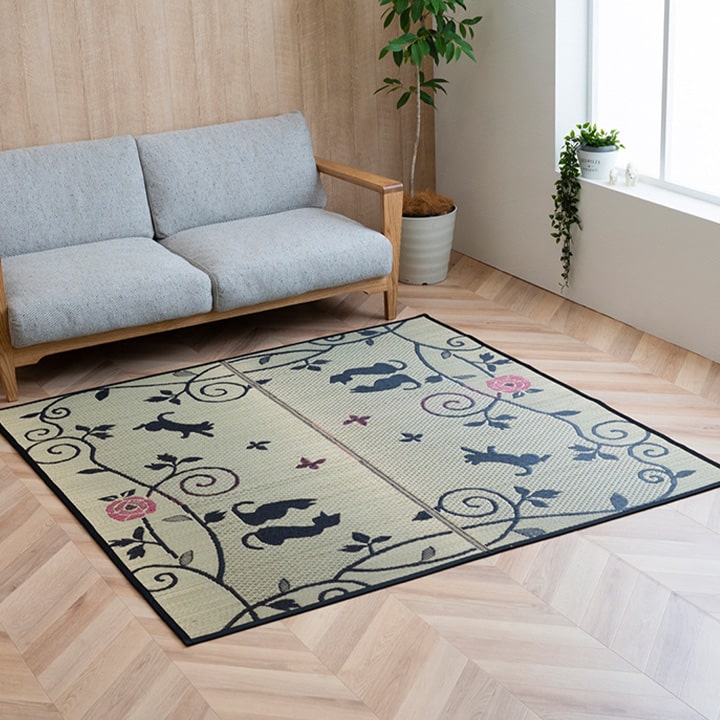 ござ い草ラグ カーペット 2.5畳 176×230cm 猫柄 猫 ネコ ねこ 和室