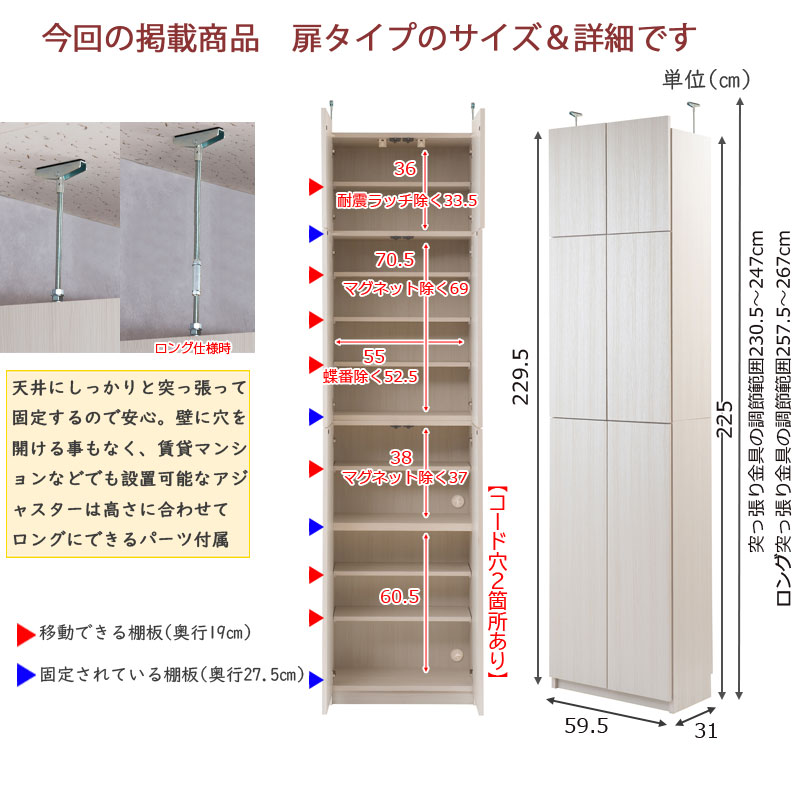 薄型 壁面収納 扉タイプ 日本製 完成品 システム収納 プッシュ式 扉
