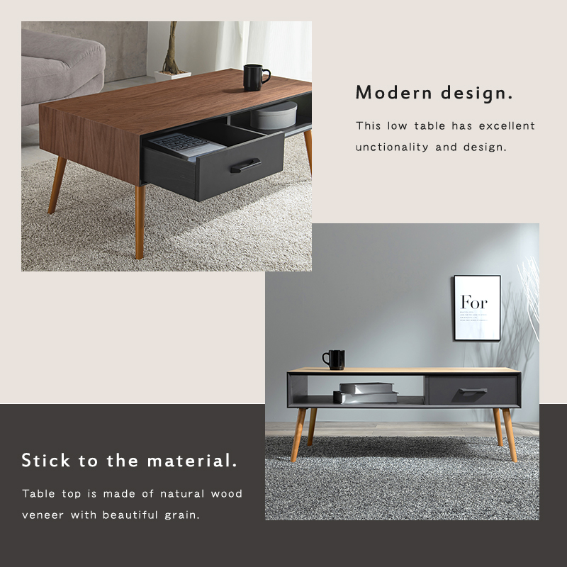 ローテーブル 幅100cm おしゃれ 木製 天板 天然木 収納 引出し 両側