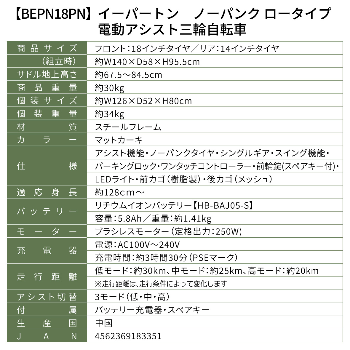 電動アシスト三輪自転車【 BEPN18PN 】