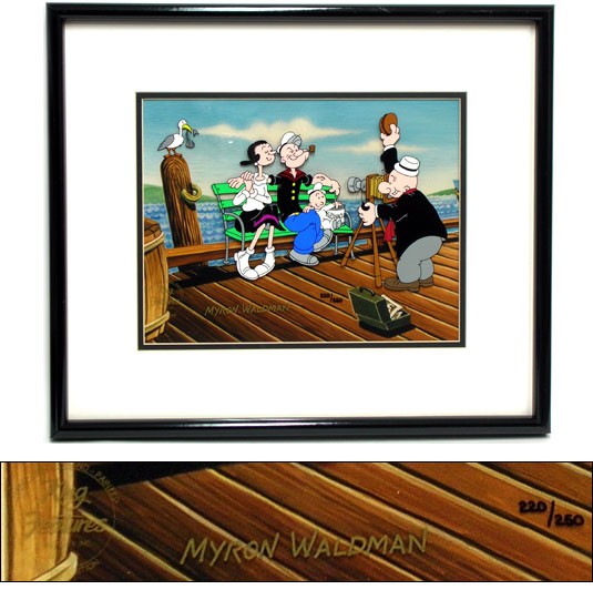 ポパイ オリーブと写真撮影 ハンドペイントセル画 アート フレーム入り